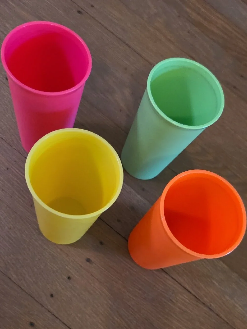 Tupperware Neon Plastic Cups 9oz #116 in Pink, Yellow, Green, Orange- Set Of 4
